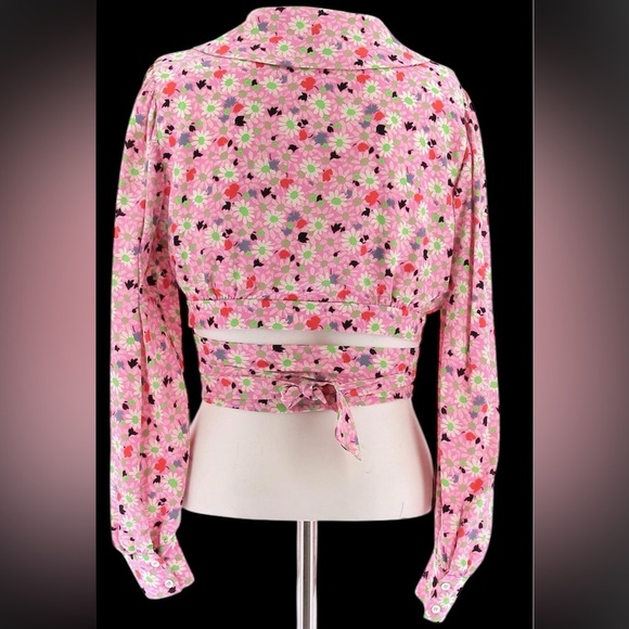 Miu Miu vintage 70’s Pink and White green Floral silk cropped blouse - Picture 2 of 16